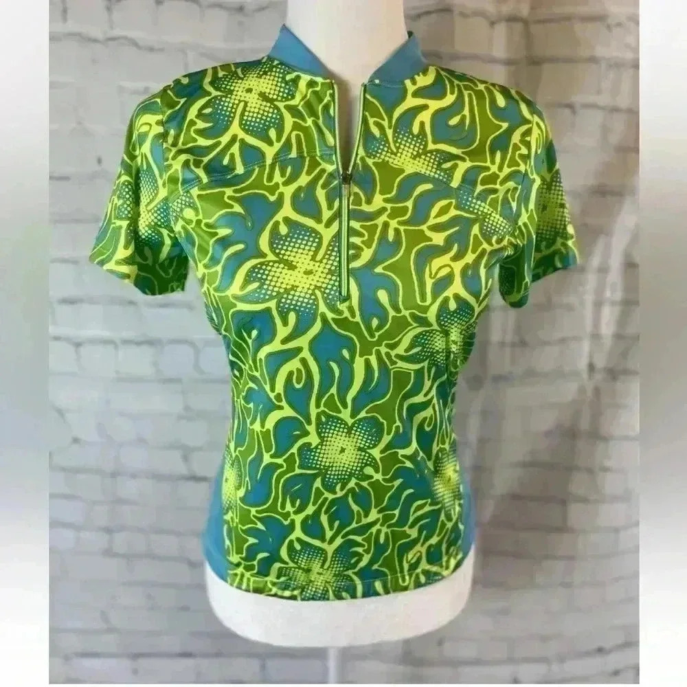 NEW Nishiki Bike Cycle Jersey‎ Women’s Size S/M 1/2 Zip Shirt Blue Green floral